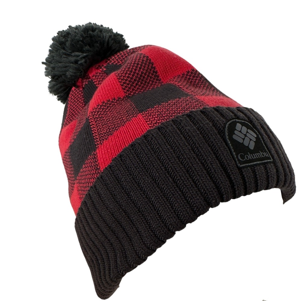 Lumberjack Red Black Beanie Columbia Buffalo Plaid Fleece Lined Pom Pom Touque